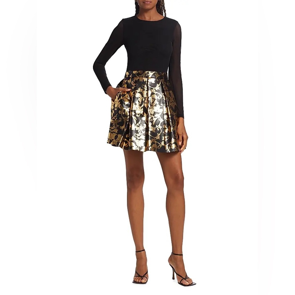 Alice + Olivia Black and Gold Chara Long Sleeve Dress - Picture 2 of 6